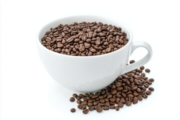 Fototapeta premium Coffee beans overflow from a large white cup on a bright background