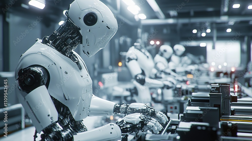 Poster robots operating automated machinery in a high-tech production facility.