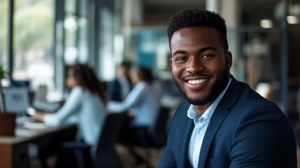 Fototapeta premium Professional smiling businessman in navy suit jacket at modern office environment, with blurred coworkers in background, representing success and leadership in workplace