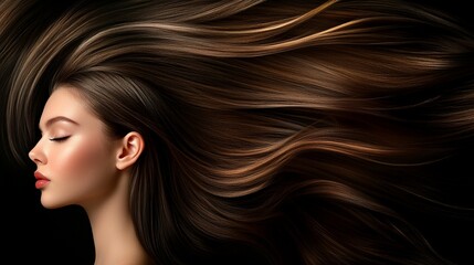Fototapeta premium Profile portrait of a young woman with flowing brown hair against black background, showcasing perfect skin, red lips, and silky smooth hair strands in motion.