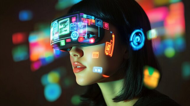 Futuristic virtual reality concept showing woman wearing hi-tech VR headset with glowing holographic interface icons and neon reflections in dark environment