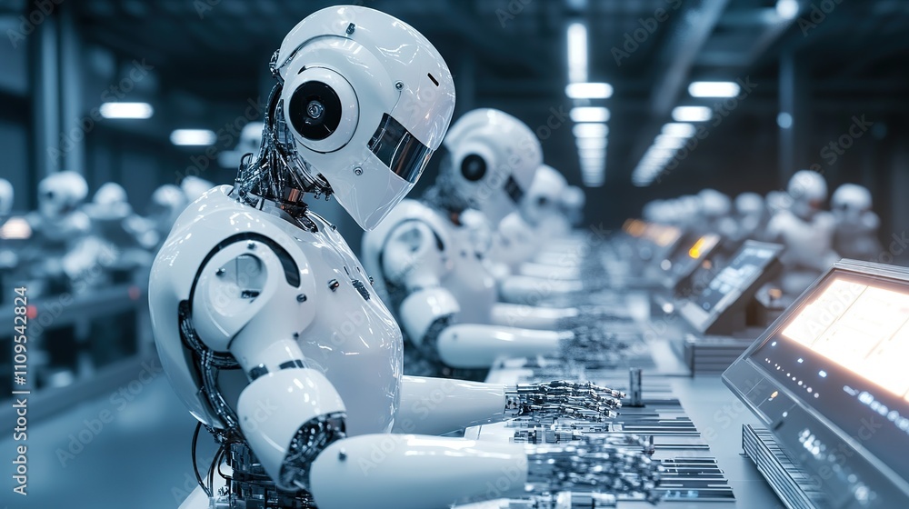Poster robots working on a high-speed production line in an advanced factory.