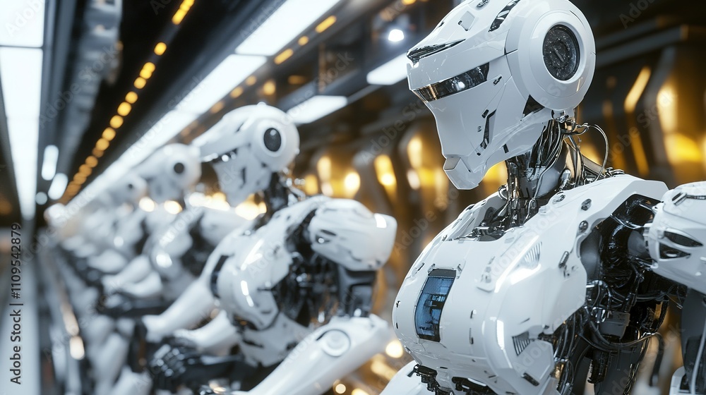 Poster robots working on a high-speed production line in an advanced factory.