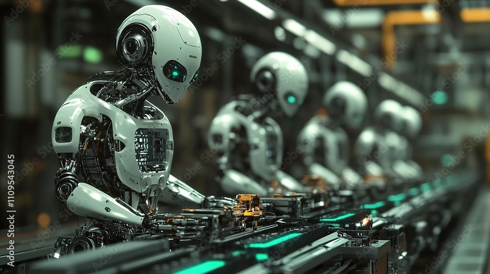 Poster robots working on a high-speed production line in an advanced factory.