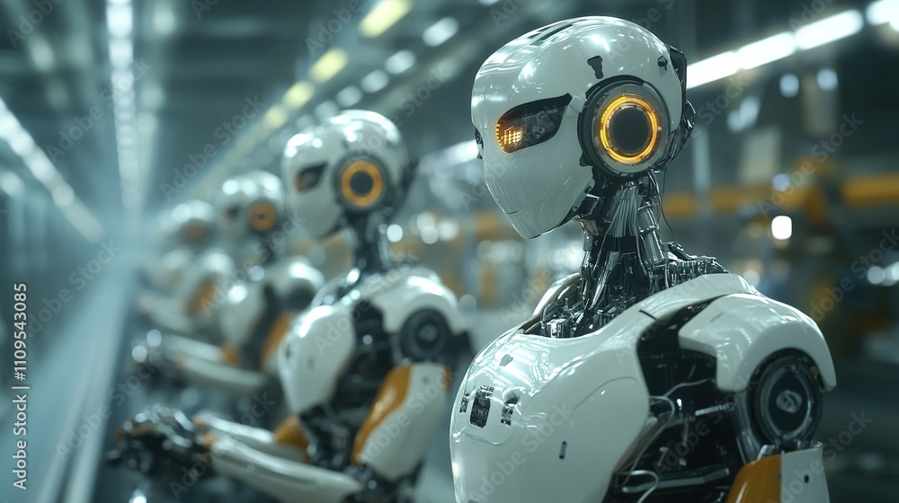 Poster robots working on a high-speed production line in an advanced factory.