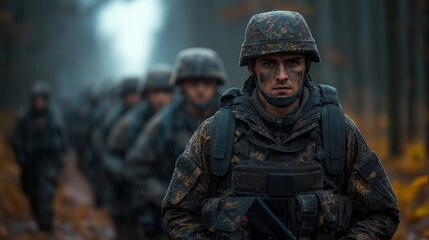Fototapeta premium Military Soldiers Marching in Rain-Soaked Forest Training