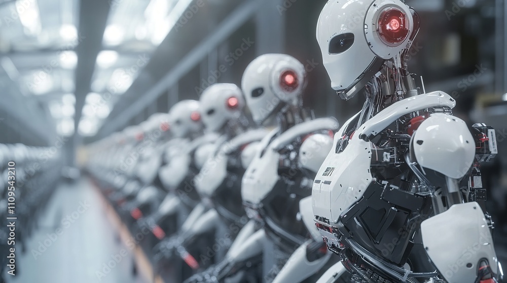 Poster robots working on a high-speed production line in an advanced factory.