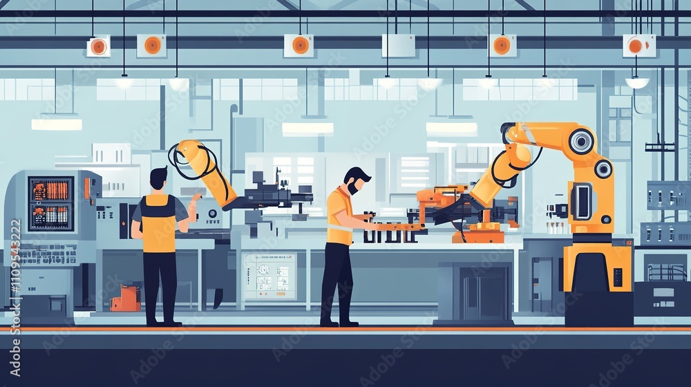 Poster technicians assembling and installing robotic systems in a modern factory.