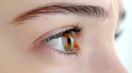 Obraz premium Extreme macro photography of a beautiful brown human eye with long eyelashes and perfectly shaped eyebrow against white background, showing intricate iris details.