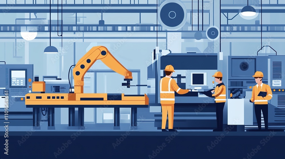 Poster technicians assembling and installing robotic systems in a modern factory.