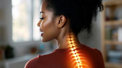 Side profile of woman with highlighted spine visualization showing pain or medical condition, concept of spinal health, chiropractic care and posture problems in modern setting