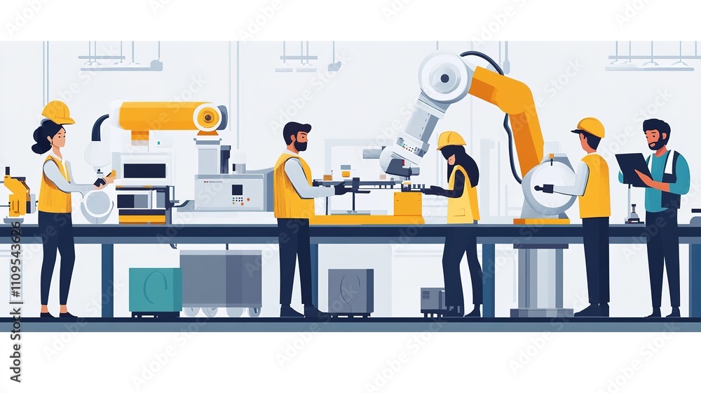 Poster technicians assembling and installing robotic systems in a modern factory.