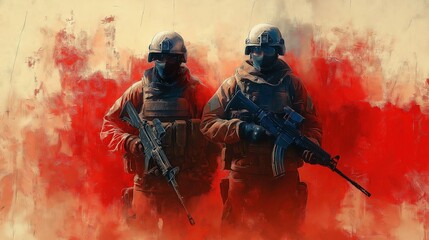 Fototapeta premium Elite Armed Forces Soldiers Standing Against Colorful Background
