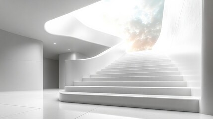 Obraz premium Modern Architectural Staircase with Soft Light and Cloudy Sky, Bright Futuristic Interior Design Emphasizing Minimalism and Elegance