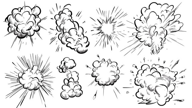 Cartoon doodle action effects set, including explosive bursts, motion lines, and comic-style smoke clouds