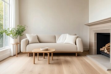 Modern Minimalist Living Room with Neutral Color Palette Featuring Comfortable Sofa and Wooden Furniture, Perfect for Cozy Interiors