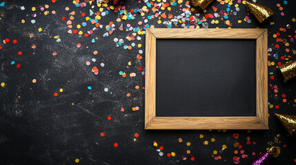 Colorful confetti and festive decorations surround an empty frame on a dark surface