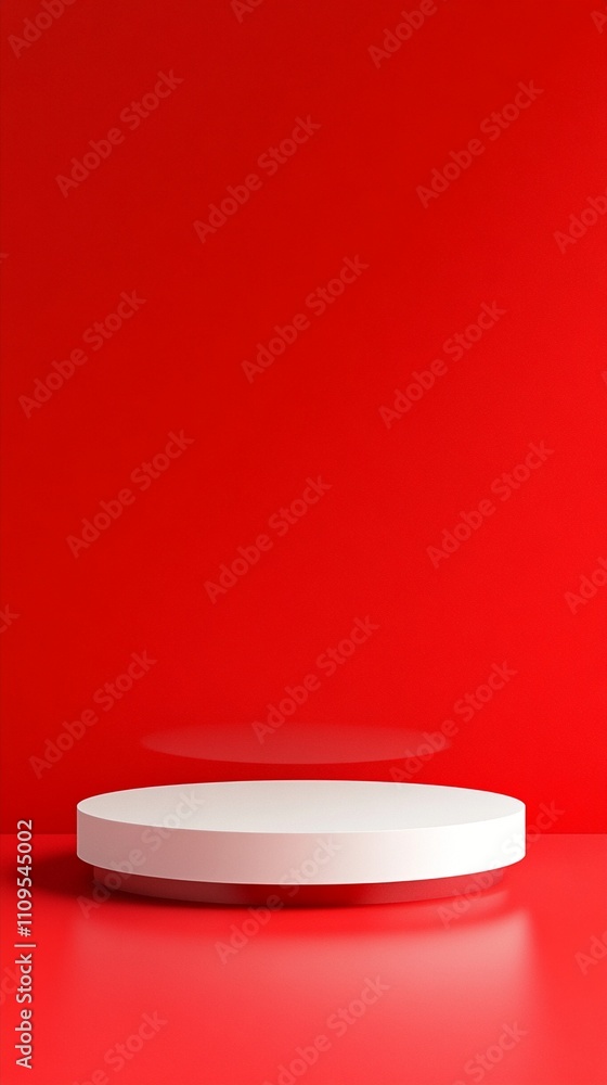 Poster minimalist white circular podium display on vibrant red background with subtle lighting effect, perf