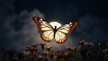 A translucent butterfly with golden veins hovers against a dusky sky, bathed in the soft glow of the setting sun, a delicate silhouette amidst a field of wildflowers.