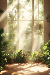 Sunbeams illuminate lush indoor plants near a large window overlooking a tropical garden.