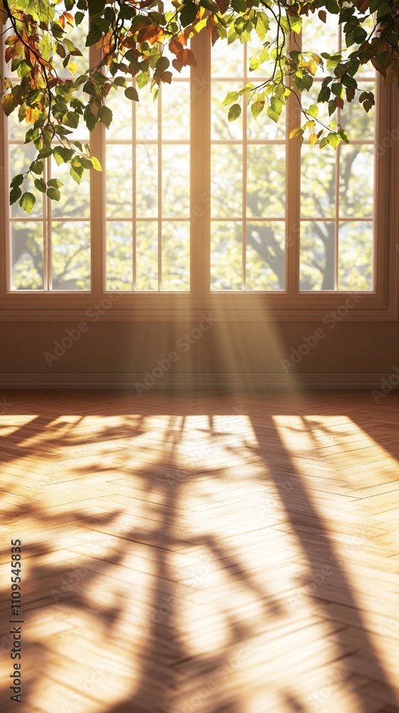 Aufkleber warm sunlight streaming through large windows casting tree shadow patterns on wooden floor, creating