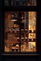 Charming bakery window showcasing artisanal pastries in a cozy evening setting