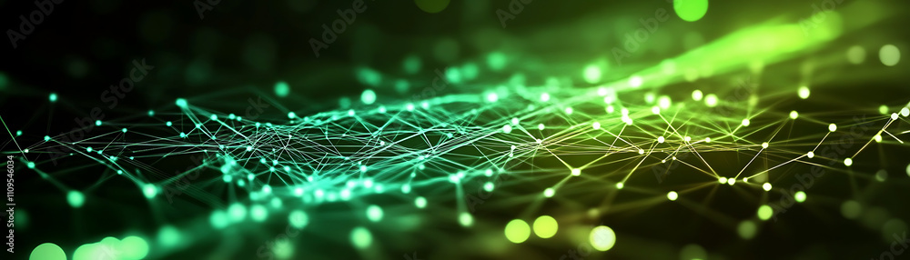 Poster glowing green particles form a network of connections on a dark background, generative ai