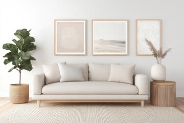 Cozy minimalist living room with light neutral colors, stylish sofa, decorative plants, modern artwork, and natural textures for serene atmosphere