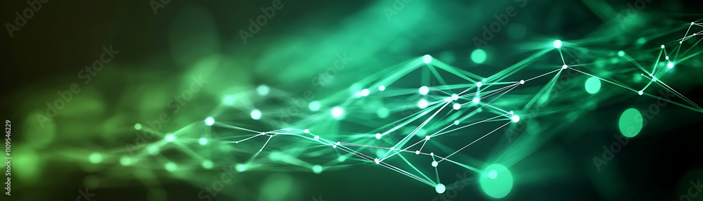 Poster glowing green particles form a network of connections on a dark background, generative ai