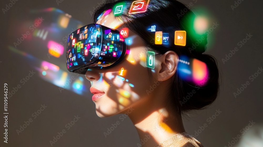Poster a person wearing virtual reality headset with colorful social media icons and app symbols projected 