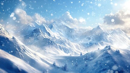 Snowy mountain backdrop with shining details and text Merry Christmas in the image