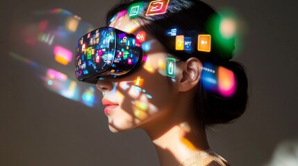 A person wearing virtual reality headset with colorful social media icons and app symbols projected onto their face, creating a futuristic digital interaction effect.