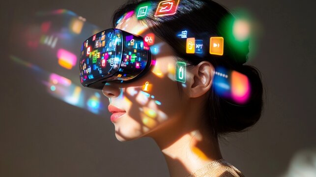 A person wearing virtual reality headset with colorful social media icons and app symbols projected onto their face, creating a futuristic digital interaction effect. - Powered by Adobe