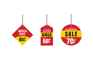 Super sale offer dangler Vector template design: 50% off, 60% off, 70% off. Set of Sale banner and Discount label vector design.
Mega sale hang tag. Special offer discount on multiple colors.