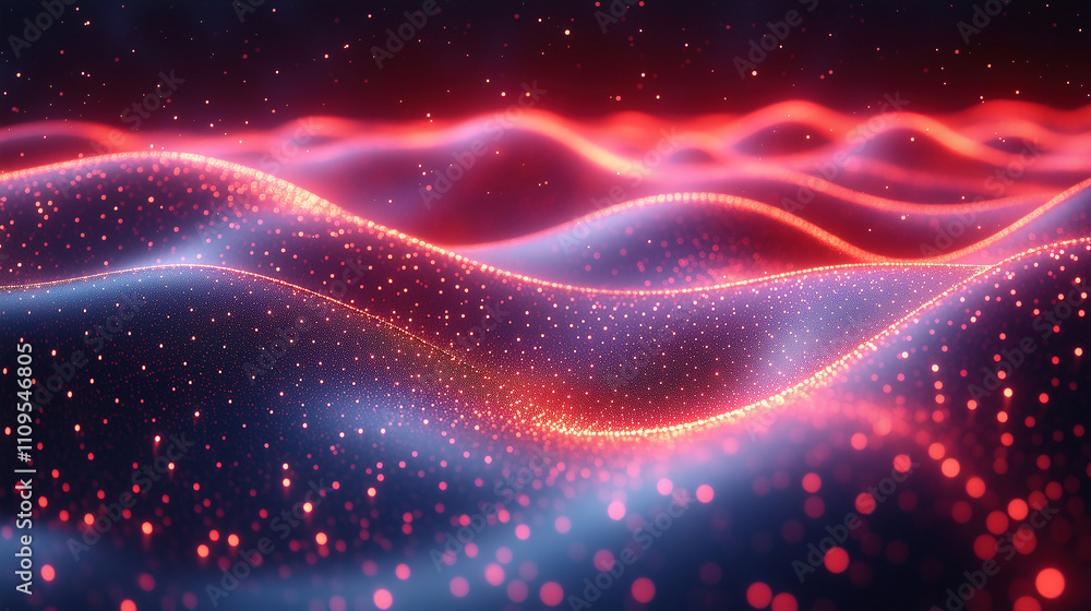 Poster colorful wave pattern with glowing particles in a digital landscape at night. generative ai