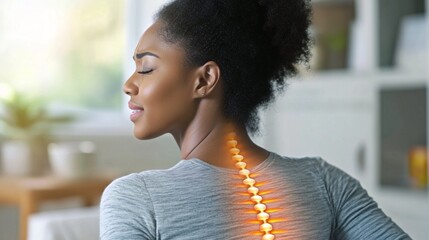 Side profile of woman with highlighted spine visualization showing pain or medical condition, concept of spinal health, chiropractic care and posture awareness at home