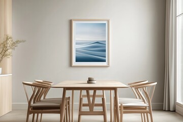 Minimalist dining area with light wood furniture and serene ocean wave artwork on the wall, creating a tranquil atmosphere for relaxation and reflection