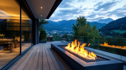 Modern luxury mountain home terrace with long fire pit and panoramic views of Alpine landscape at dusk, featuring glass railings and wooden deck flooring in Austria
