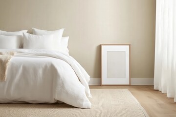 Cozy and Serene Bedroom with White Bedding, Minimalist Decor, Soft Natural Lighting, and Neutral Color Palette in a Modern Home Setting