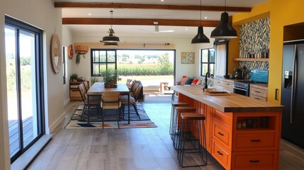 Fototapeta premium Modern open-concept kitchen and dining space with orange accents, featuring industrial pendant lights, wooden breakfast bar, and sliding glass doors leading to outdoor views.