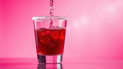 A glass filled with a bright red liquid, topped with a rim of sugar, with more liquid pouring in against a pink background.