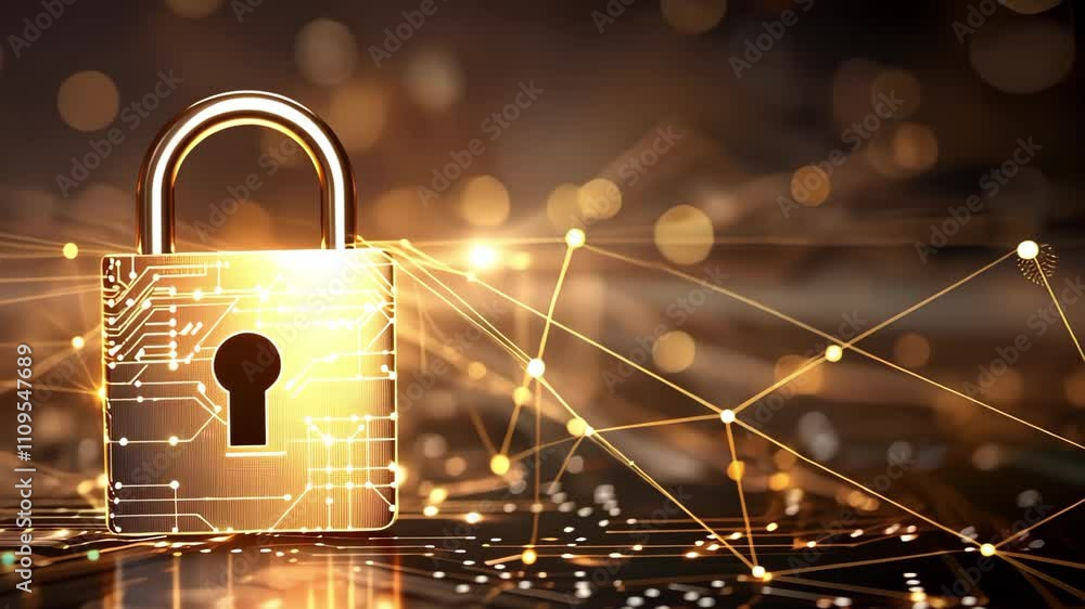Poster a digital padlock combined with circuit patterns, symbolizing cybersecurity and data protection.