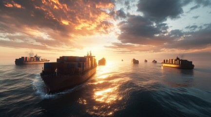 Fleet of cargo ships carrying containers across the ocean at sunset.
