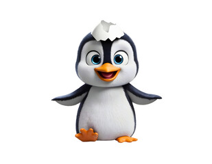 Fototapeta premium Cartoon penguin character with a cracked egg shell on its head standing happily
