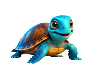 Cute blue turtle character smiling joyfully with a vibrant shell