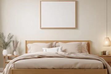 Stylish and Minimalist Bedroom with Cozy Bedding, Neutral Color Palette, Wooden Furniture, and Soft Lighting for Relaxation and Comfort