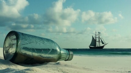 A serene beach scene featuring a message in a bottle and a distant ship sailing under a beautiful sky.