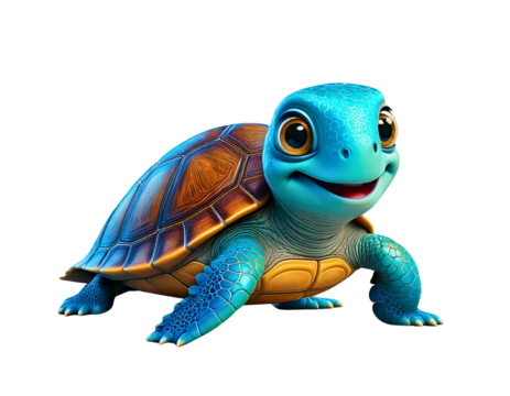 Cute blue turtle character smiling joyfully with a vibrant shell