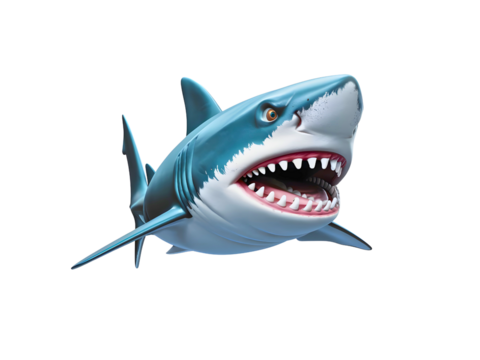 Fierce animated shark displays its menacing teeth with a wide open mouth, vibrant look.