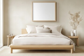 Minimalist bedroom design with light wood bed, soft pillows, neutral tones, natural decor, and empty wall for artwork display in serene setting